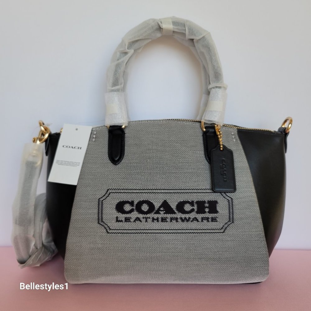 COACH Elise Badge Satchel In Jacquard & Refined Leather- Salt Black color ⭐